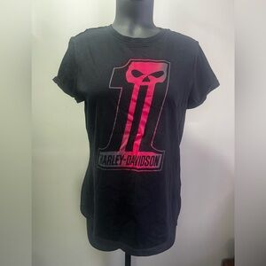 Harley-Davidson Black Tee with Pink Skull Graphic